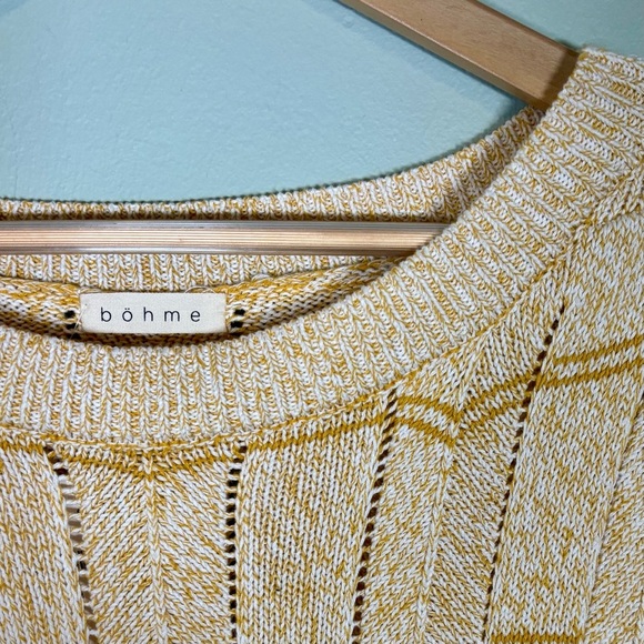 Böhme Short Sleeve Cable Knit Crew Neck Sweater-Butter Yellow-Cotton-Women Large - Picture 4 of 6